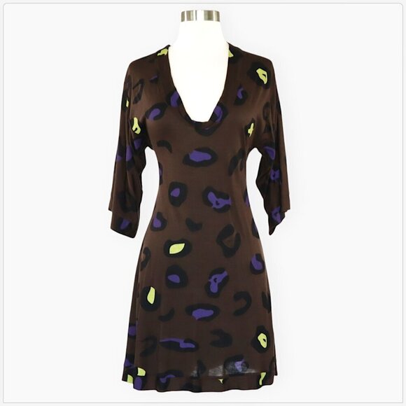 C&C California Brown Fun Animal Print Kimono Sleeve Mini Stretch Dress Size M - Picture 1 of 4
